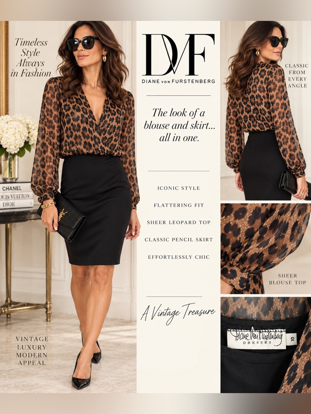 Vintage Diane Von Furstenberg DVF Leopard Sheer Top Pencil Dress Size 10